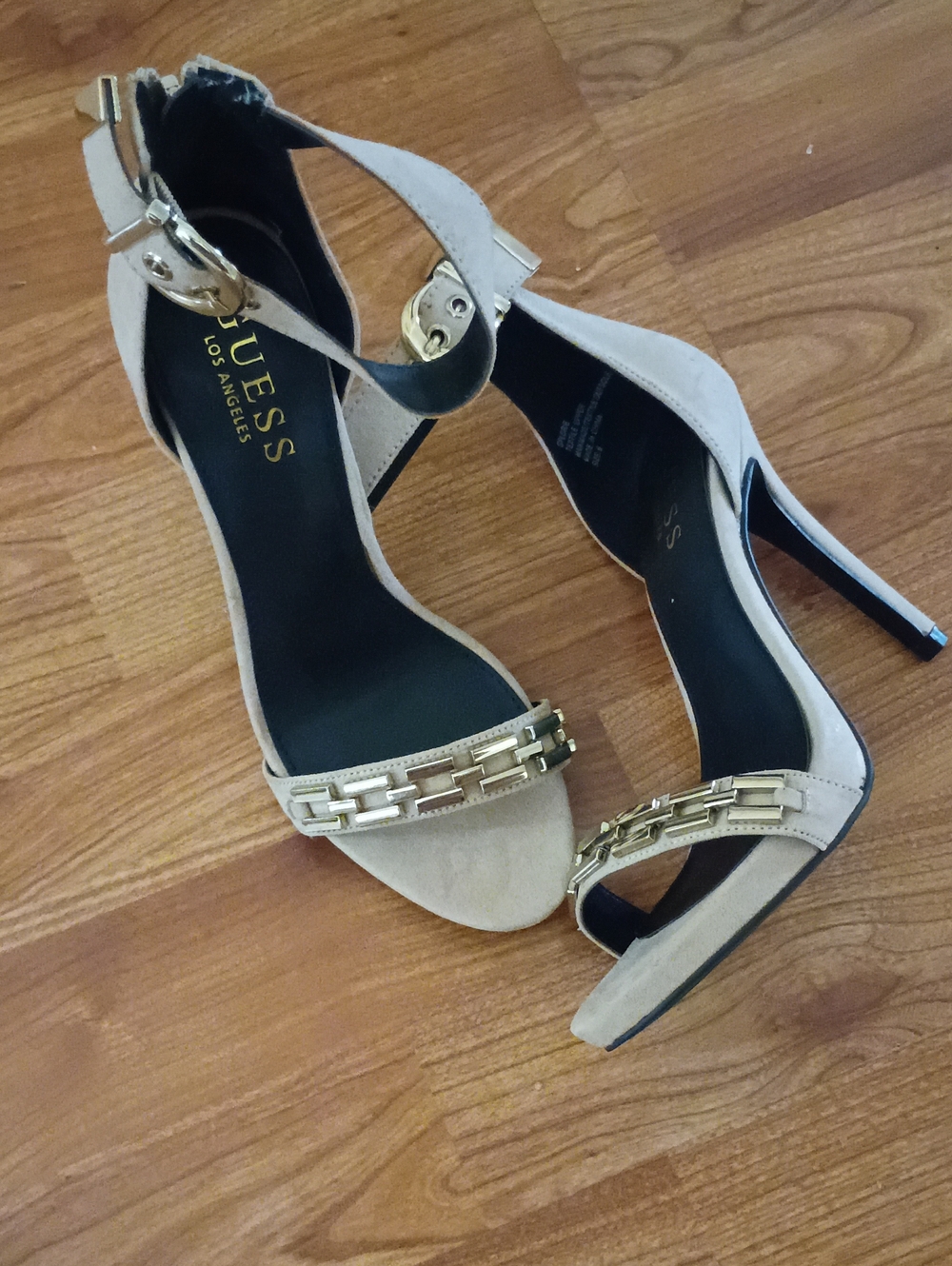 GUESS Nude Suede Ankle-Strap Heels with Gold Chain Detail